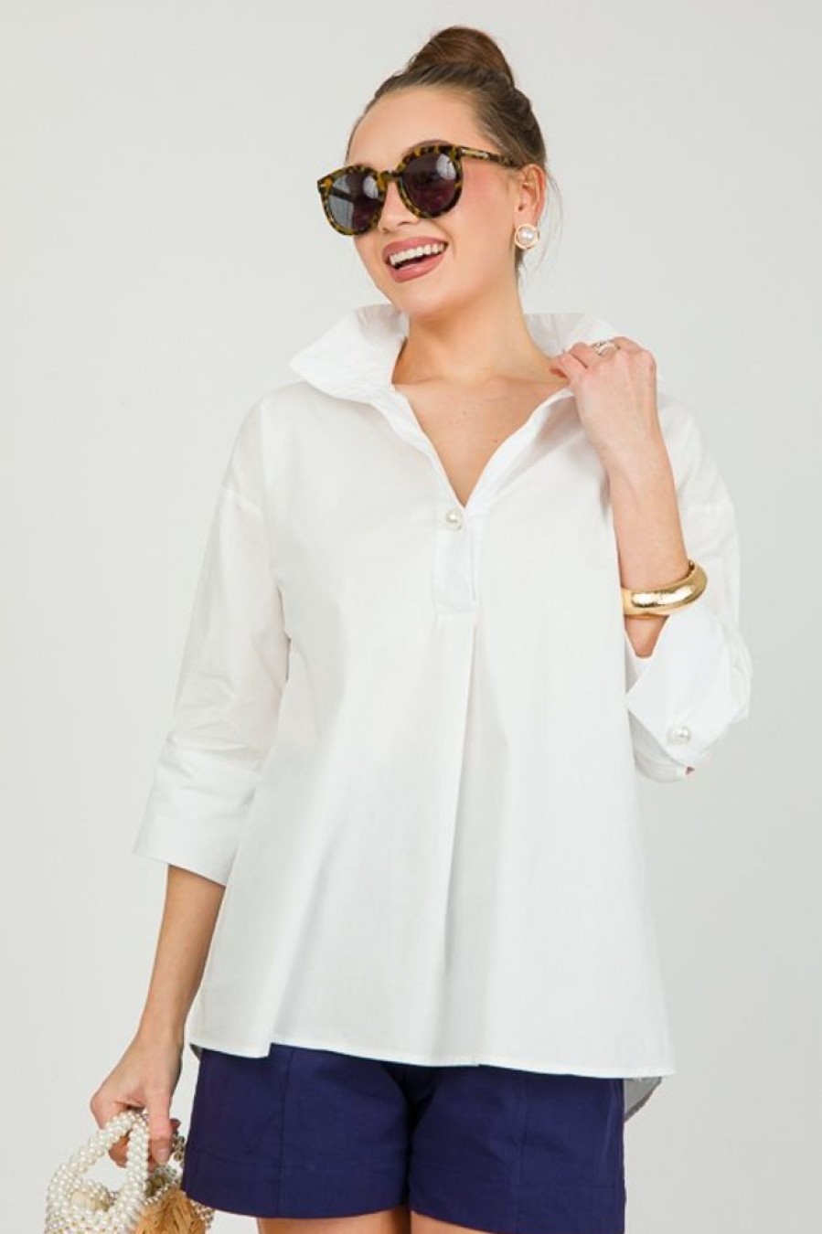 Entro 3/4 & Long Sleeve | Pearl Button Shirt, White