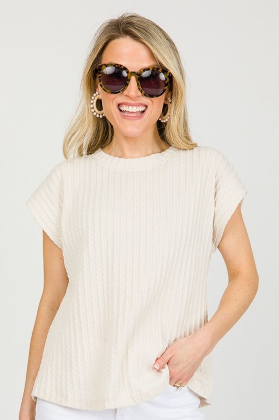 Ces Femme Short Sleeve & Sleeveless | Texture Knit Cap Sleeve Top, Ivory