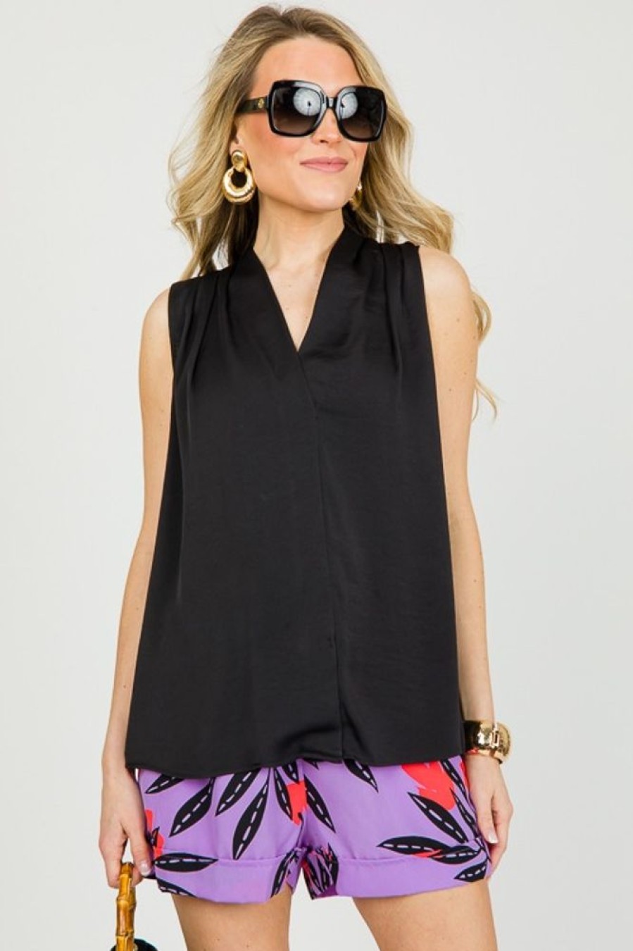 Tyche Short Sleeve & Sleeveless | Satin Slit Hem Tank, Black