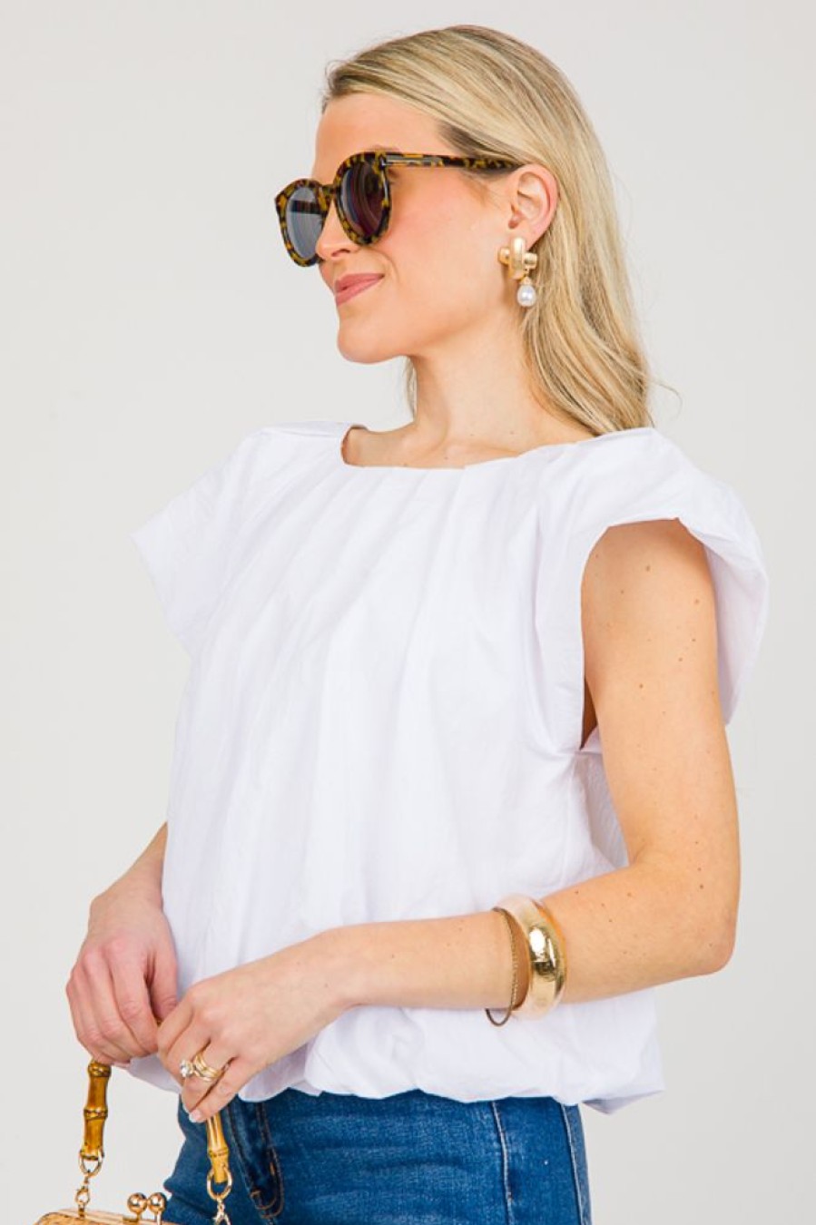 Pinch Short Sleeve & Sleeveless | Bubble Hem Top, White