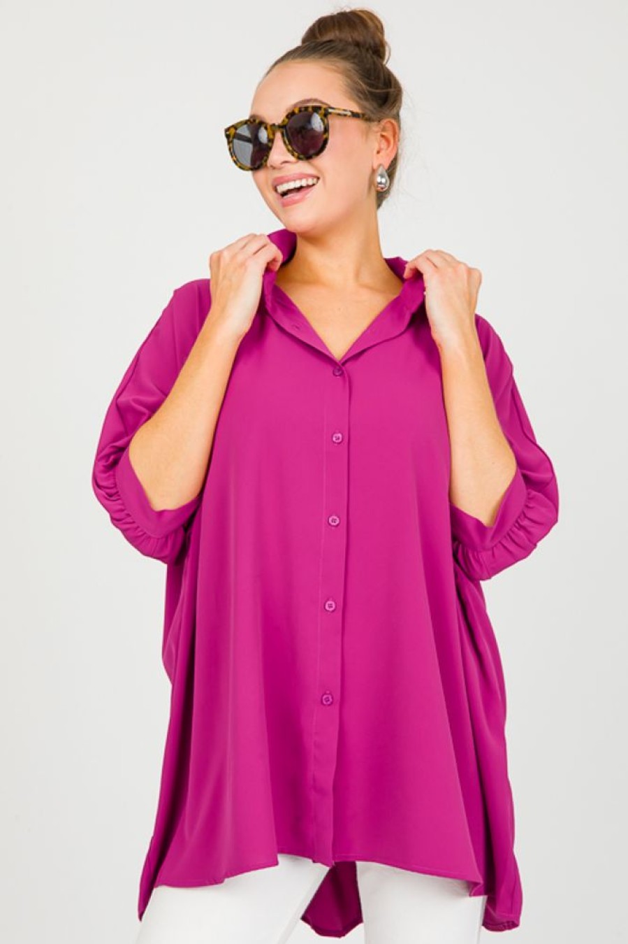 Easel Short Sleeve & Sleeveless | Khloe Oversize Shirt, Vivi Magenta