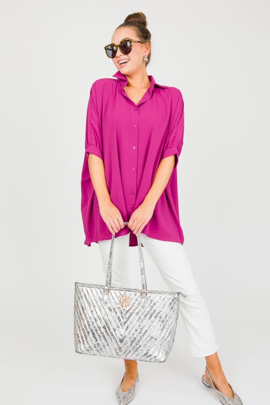 Easel Short Sleeve & Sleeveless | Khloe Oversize Shirt, Vivi Magenta