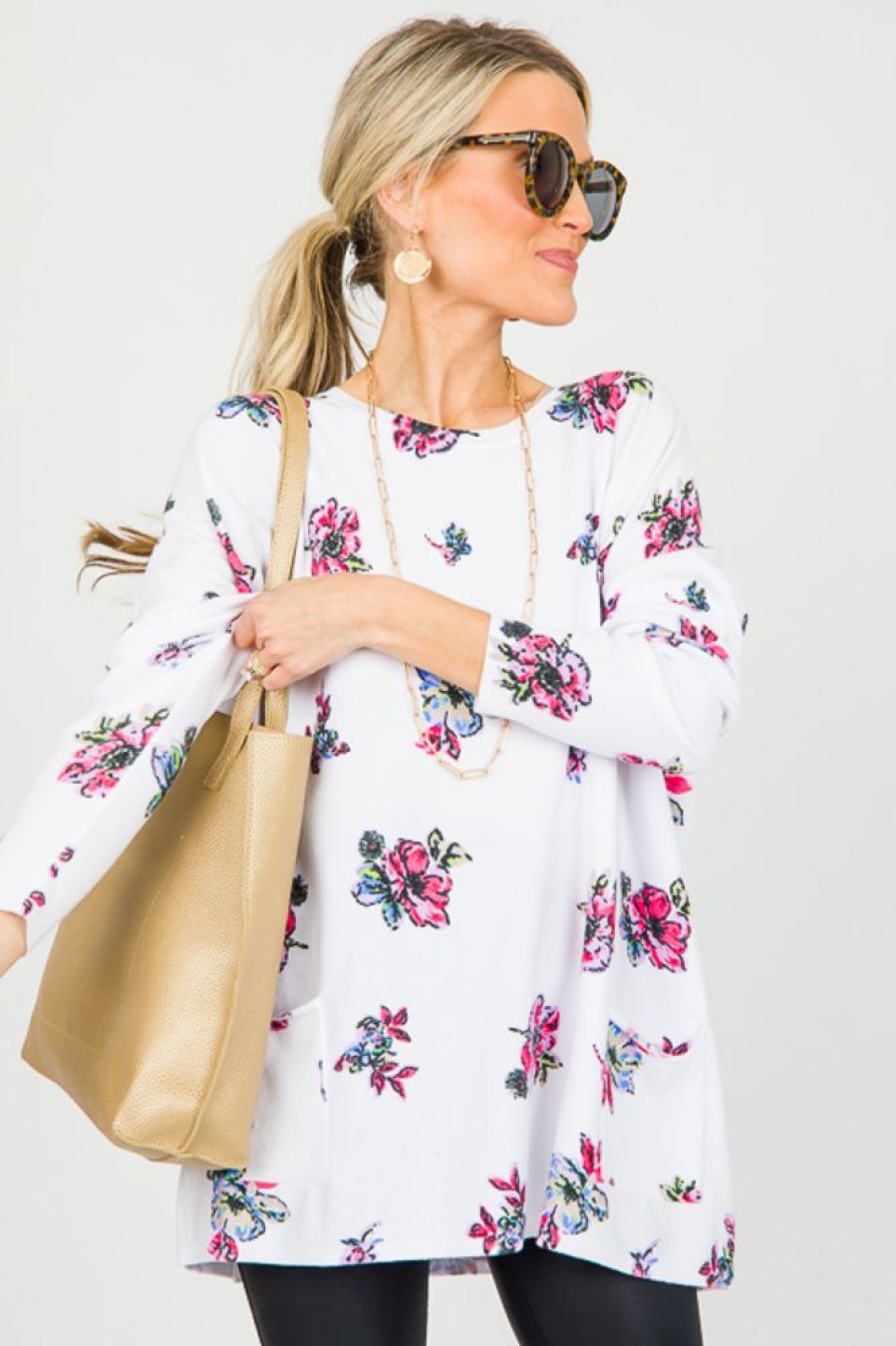 Staccato 3/4 & Long Sleeve | Floral Print Pocket Sweater, Ivory