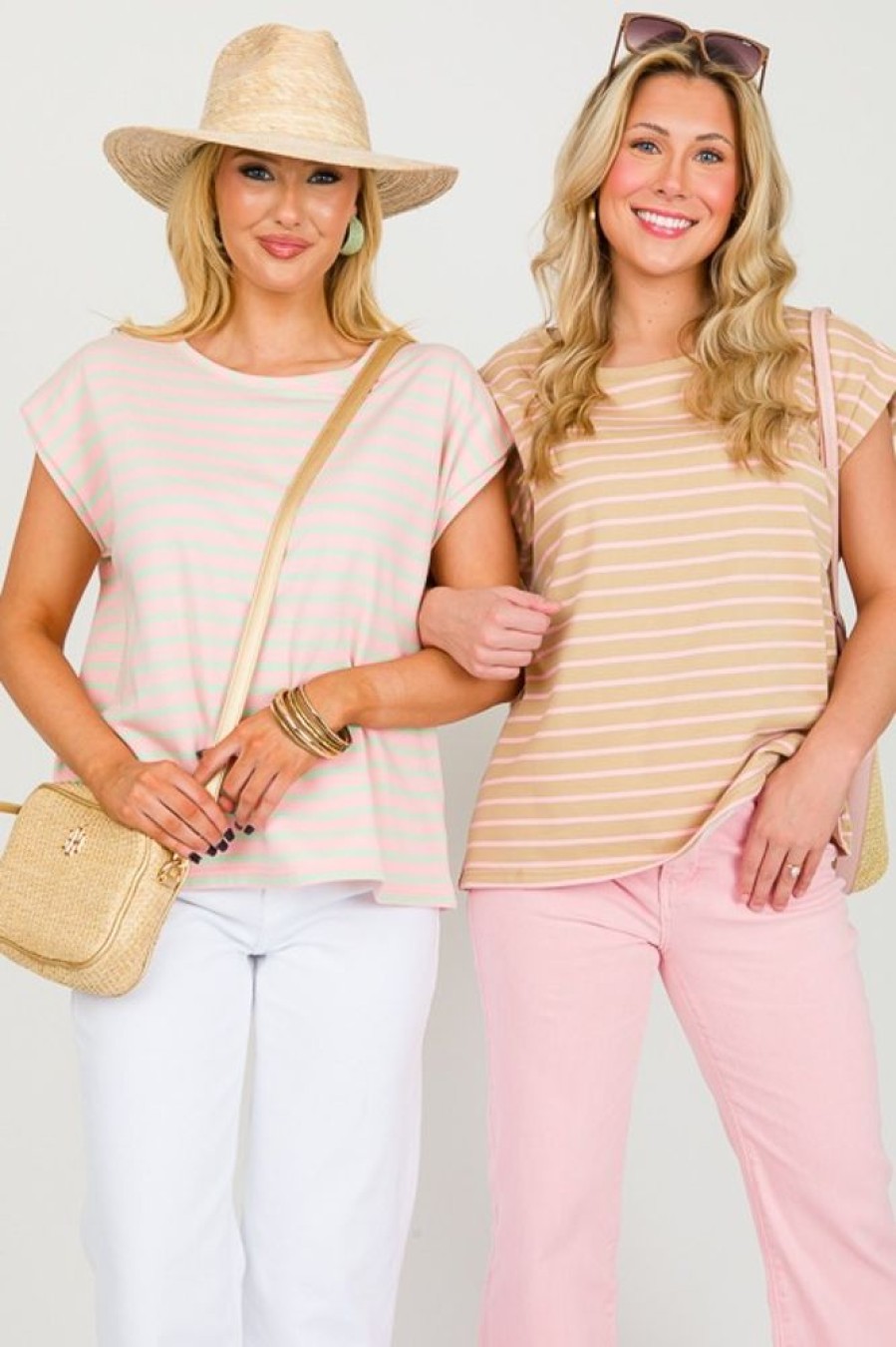 Lime N Chili Short Sleeve & Sleeveless | Stripe Muscle Top, Taupe