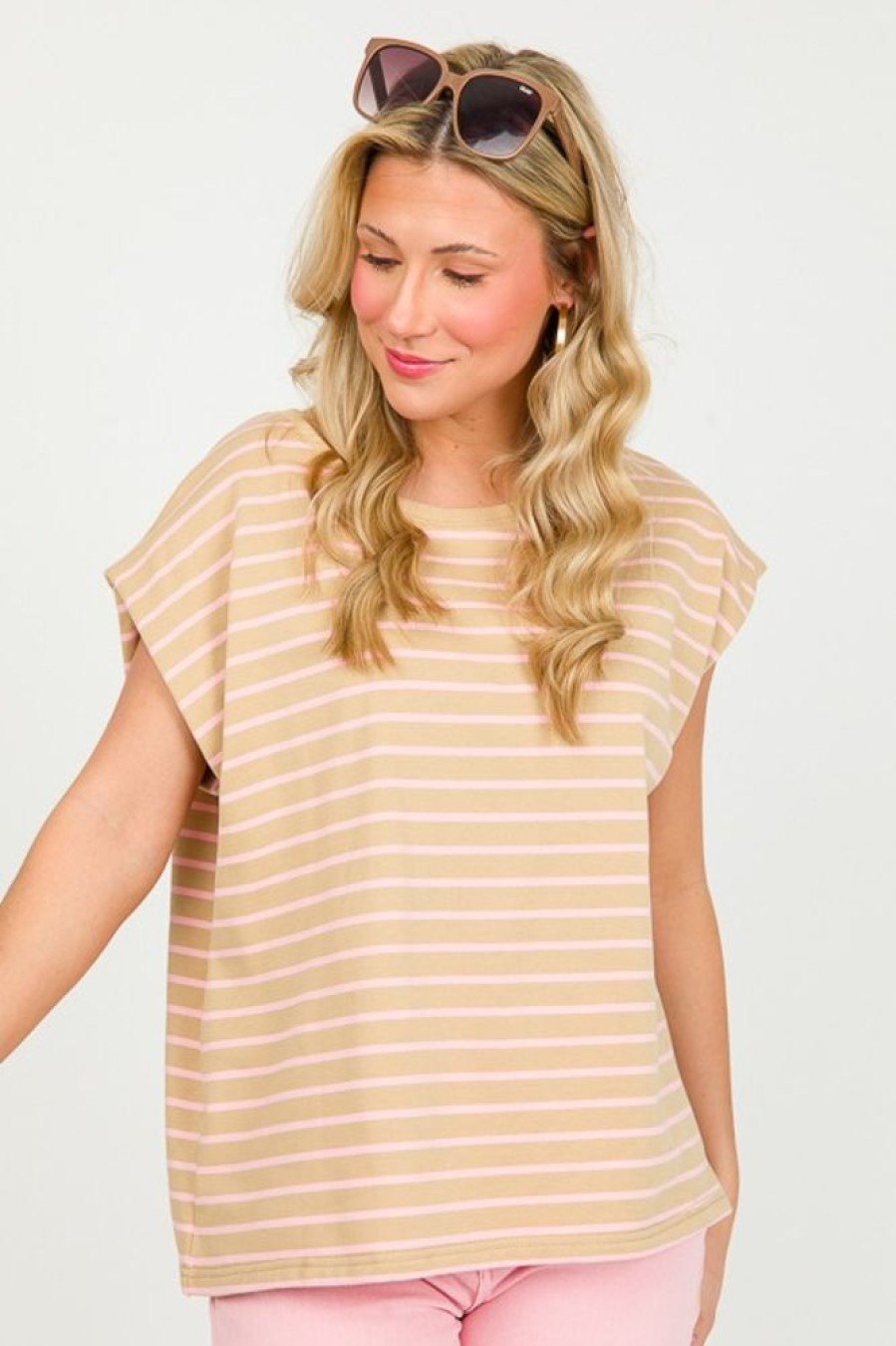 Lime N Chili Short Sleeve & Sleeveless | Stripe Muscle Top, Taupe