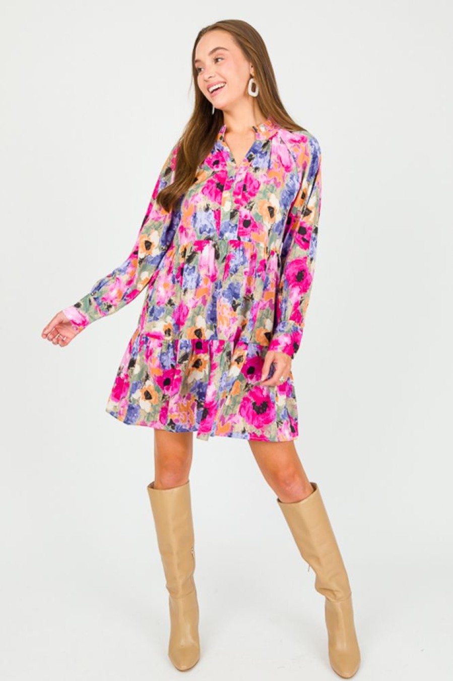 Jodifl Dresses W/ Sleeves | Painted Floral Dress, Fuchsia