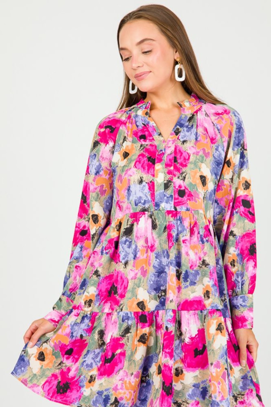 Jodifl Dresses W/ Sleeves | Painted Floral Dress, Fuchsia