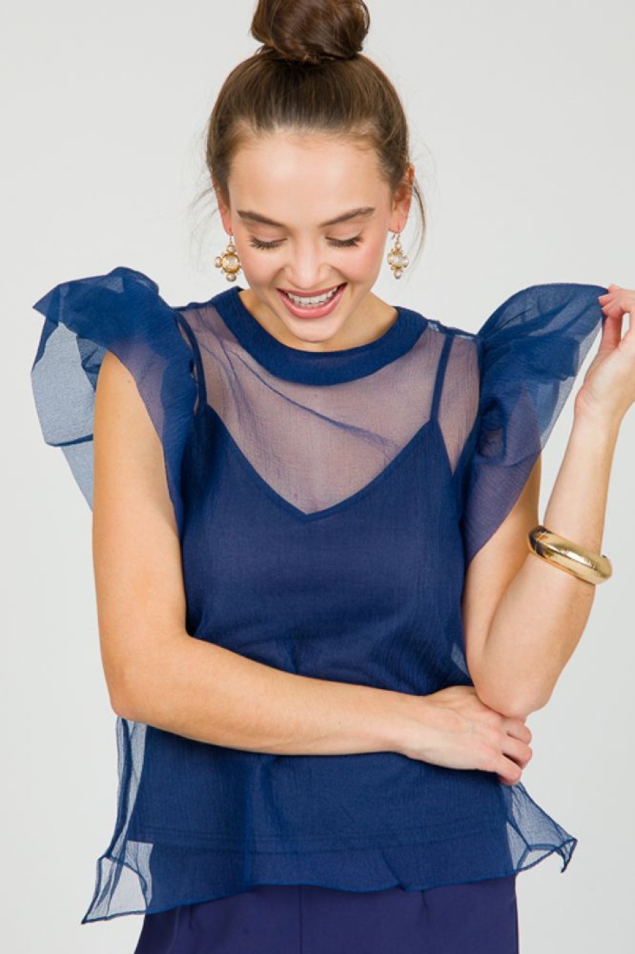 Blu Pepper Short Sleeve & Sleeveless | Organza Ruffle Top, Navy