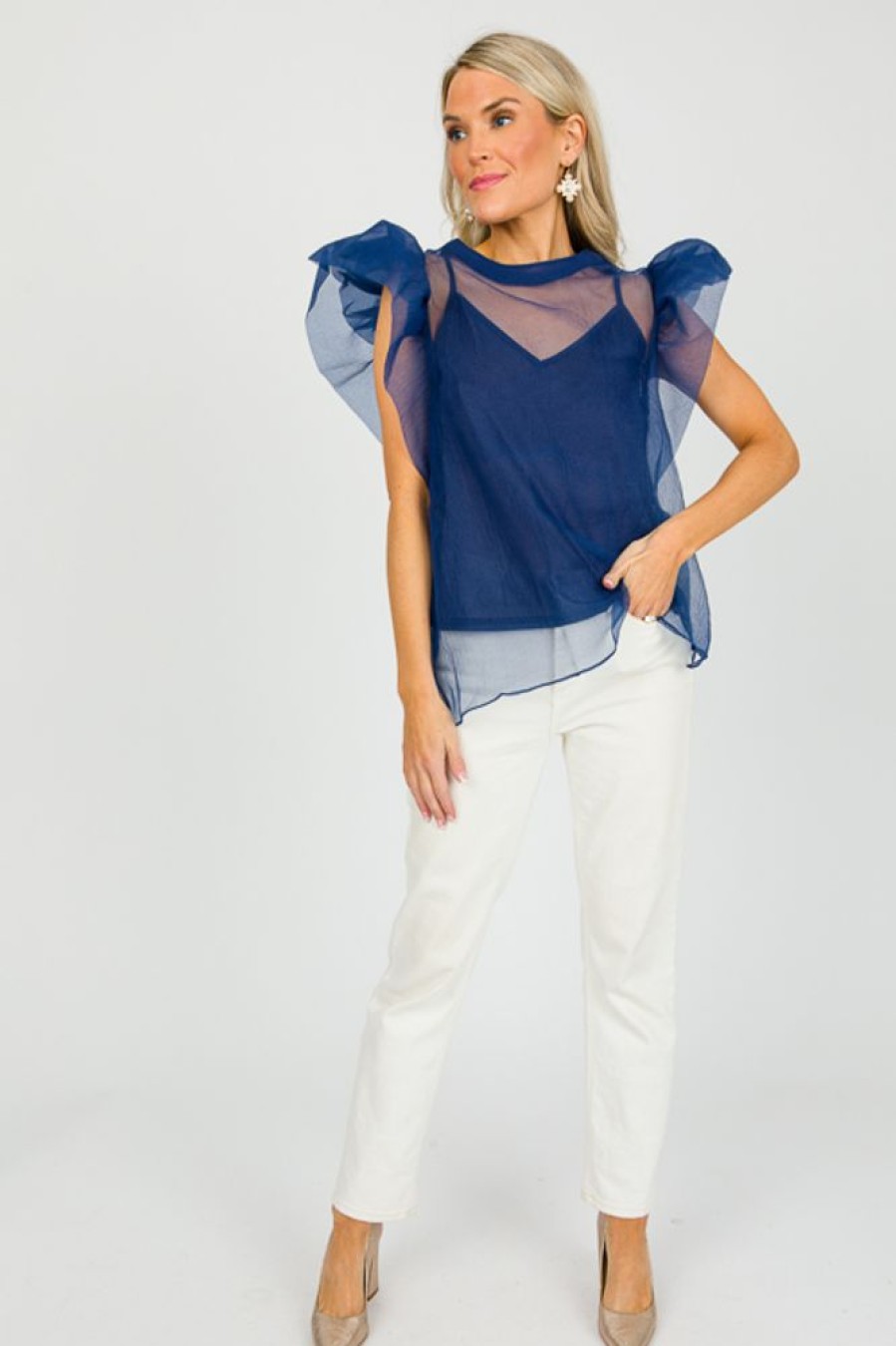 Blu Pepper Short Sleeve & Sleeveless | Organza Ruffle Top, Navy