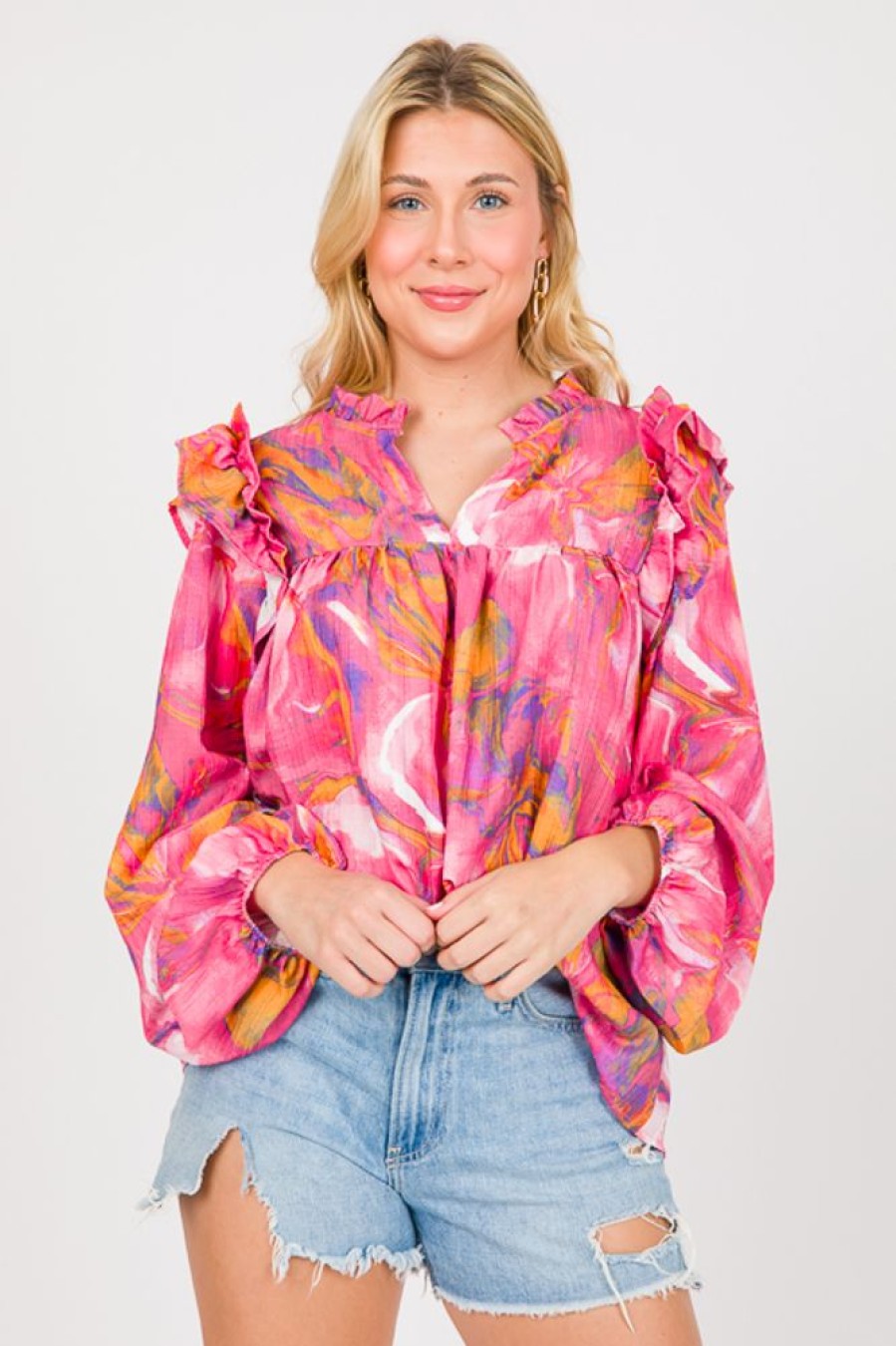 Fantastic Fawn 3/4 & Long Sleeve | Ruffled Abstract Top, Pink Multi