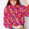 Jodifl 3/4 & Long Sleeve | Ruffle Trim Floral Tunic, Magenta