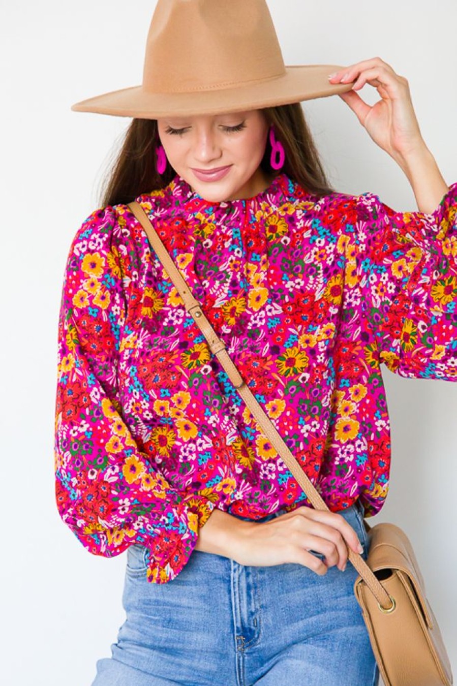 Jodifl 3/4 & Long Sleeve | Ruffle Trim Floral Tunic, Magenta