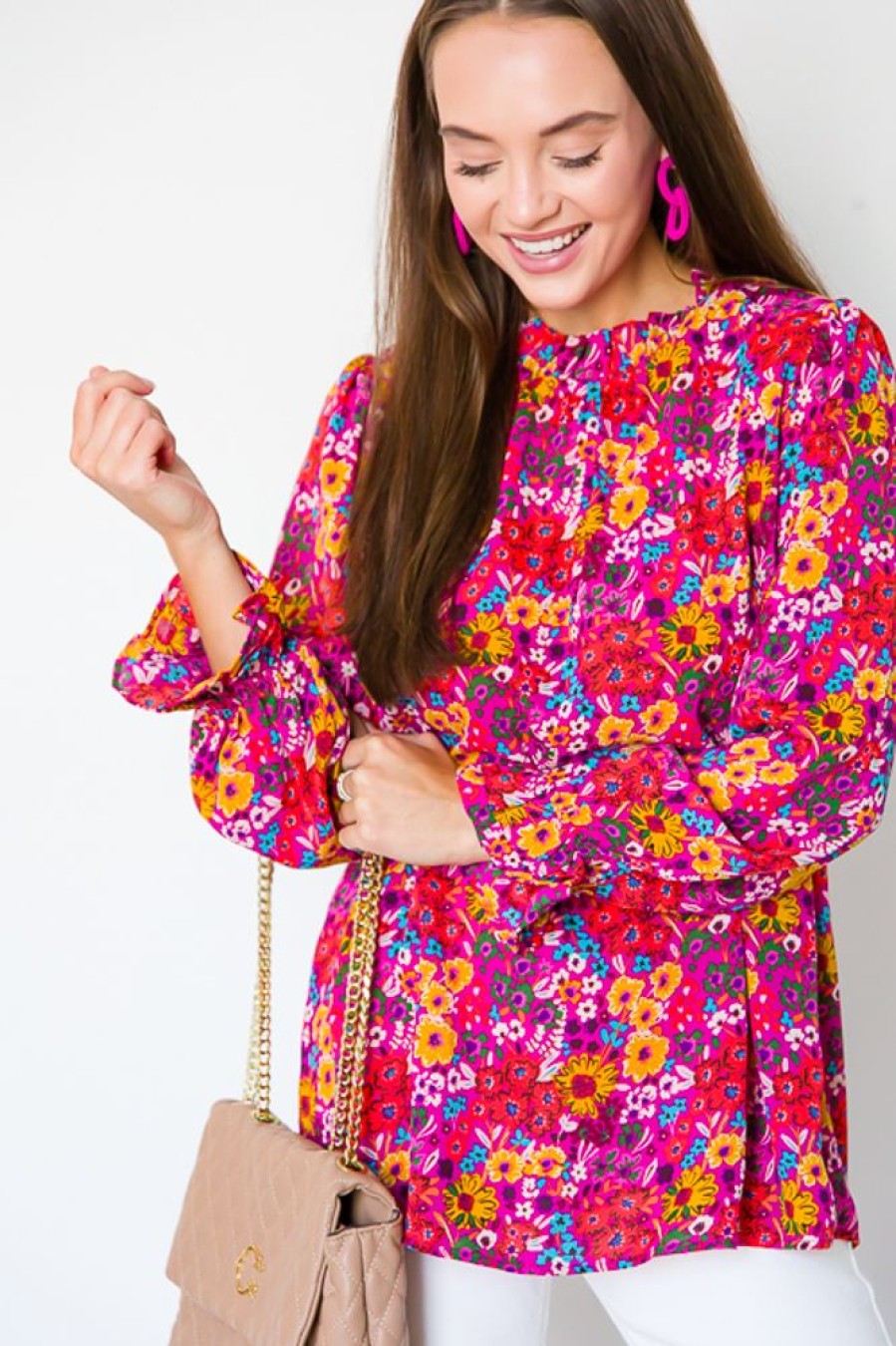 Jodifl 3/4 & Long Sleeve | Ruffle Trim Floral Tunic, Magenta