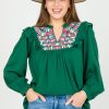 Jodifl 3/4 & Long Sleeve | Embroidery Yoke Top, Hunter Green