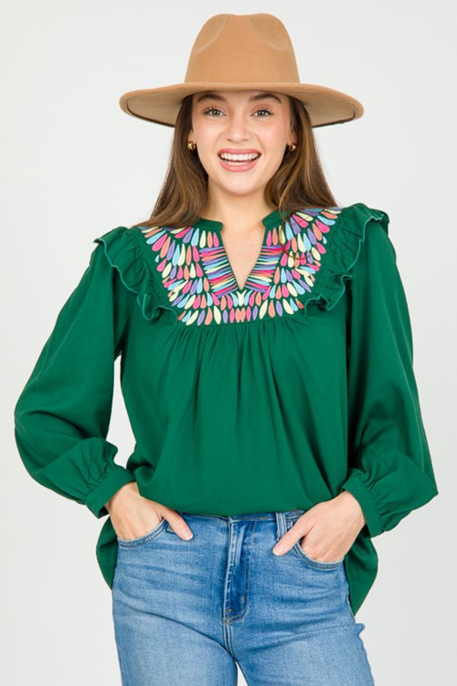 Jodifl 3/4 & Long Sleeve | Embroidery Yoke Top, Hunter Green