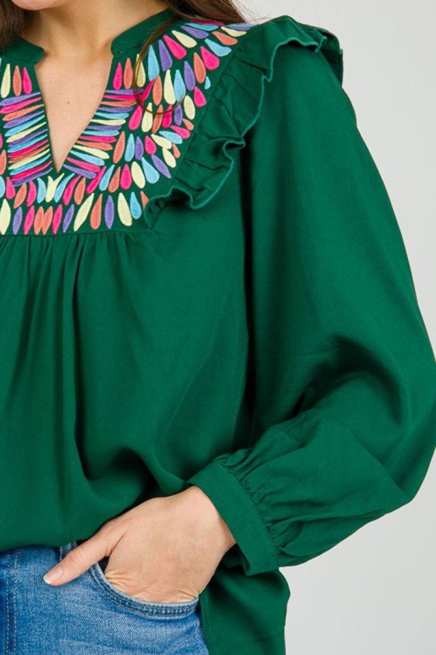 Jodifl 3/4 & Long Sleeve | Embroidery Yoke Top, Hunter Green