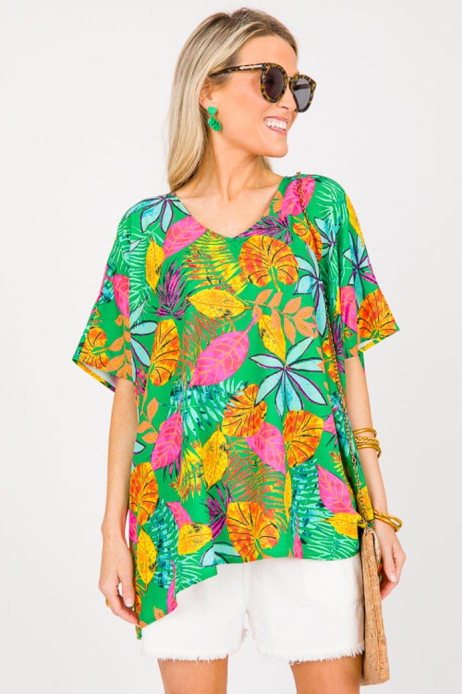 Cotton Bleu Short Sleeve & Sleeveless | Tropical Boxy Blouse, Green