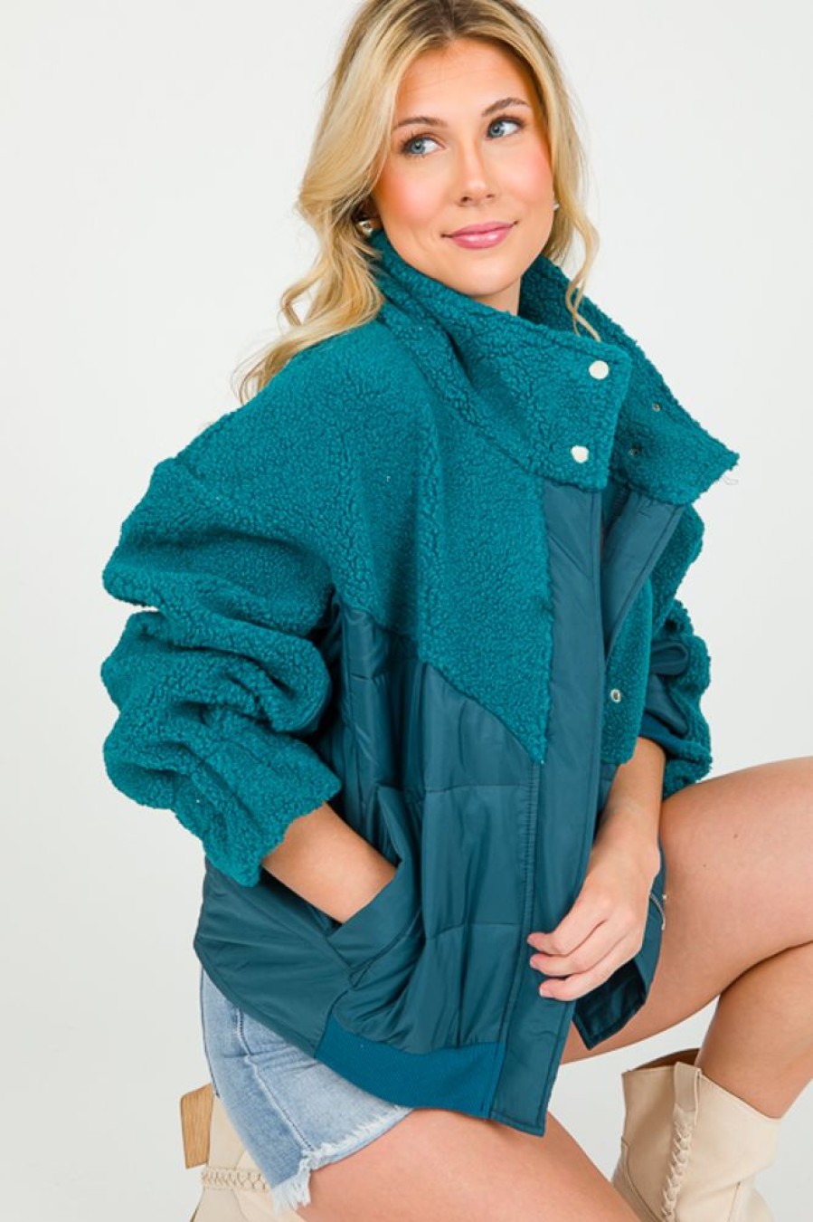 Davi & Dani Jackets / Coats / Vests / Blazers | Contrast Fleece Jacket, Teal