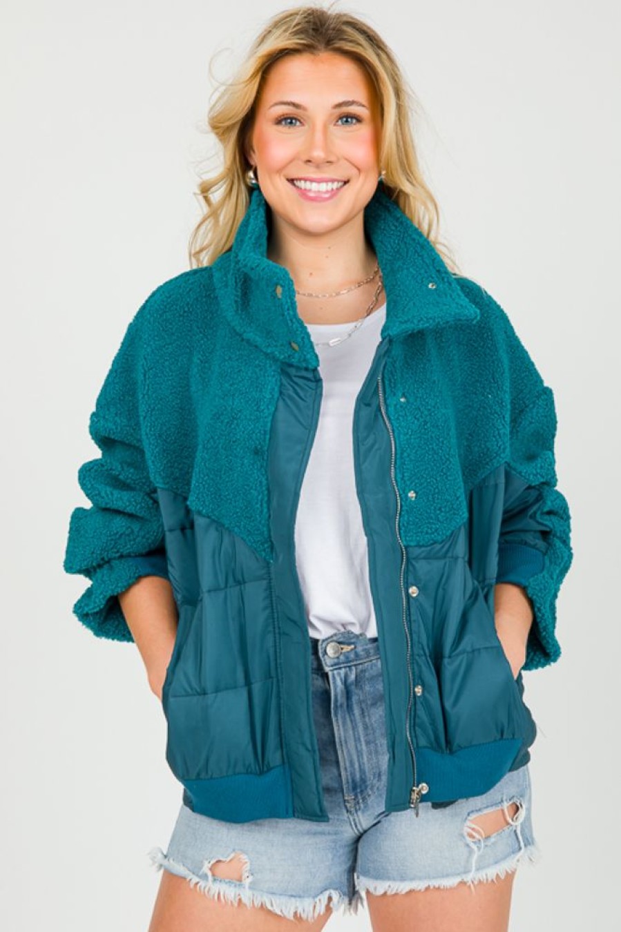 Davi & Dani Jackets / Coats / Vests / Blazers | Contrast Fleece Jacket, Teal