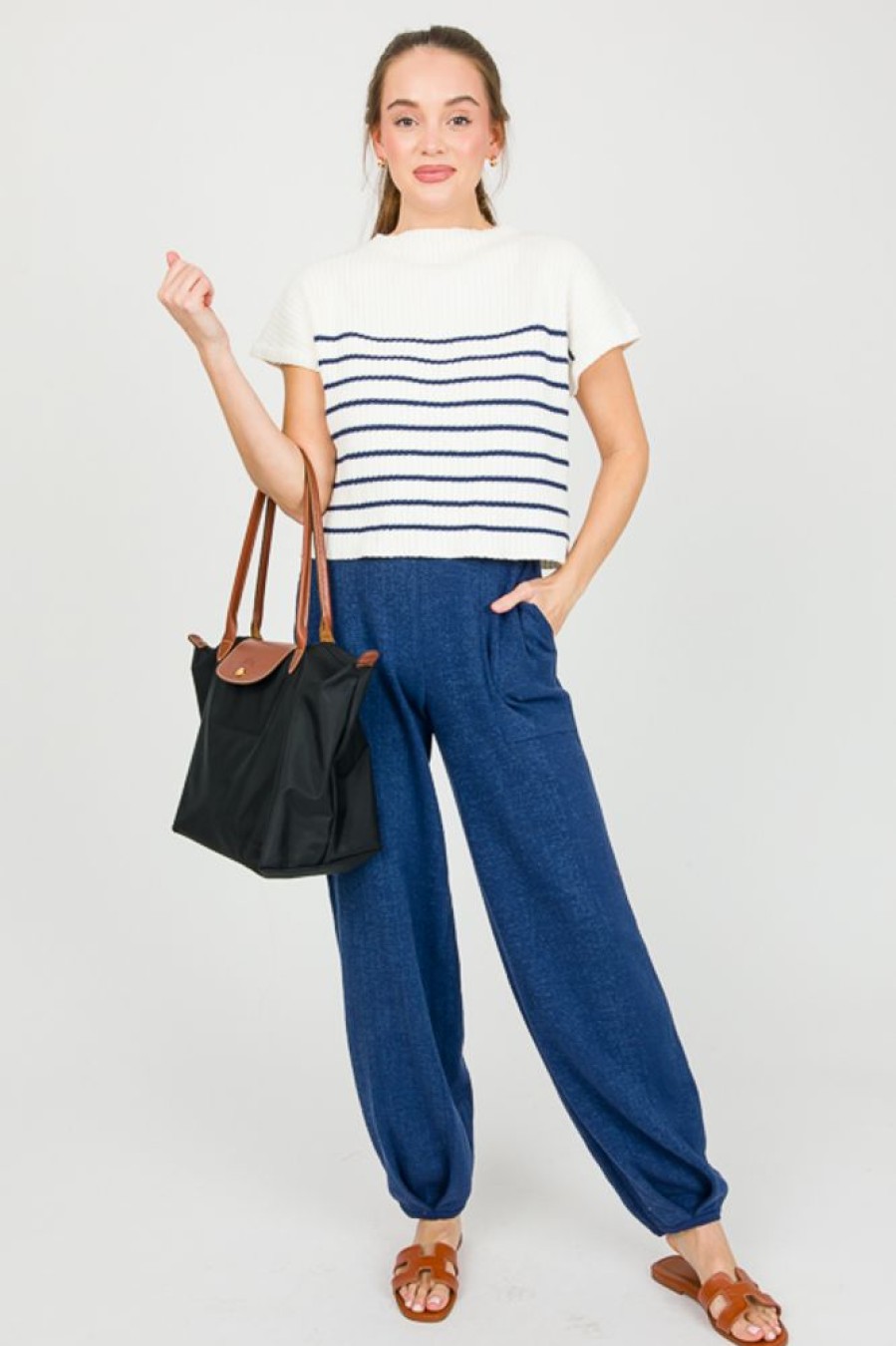 Entro Short Sleeve & Sleeveless | Gina Stripe Sweater, Navy