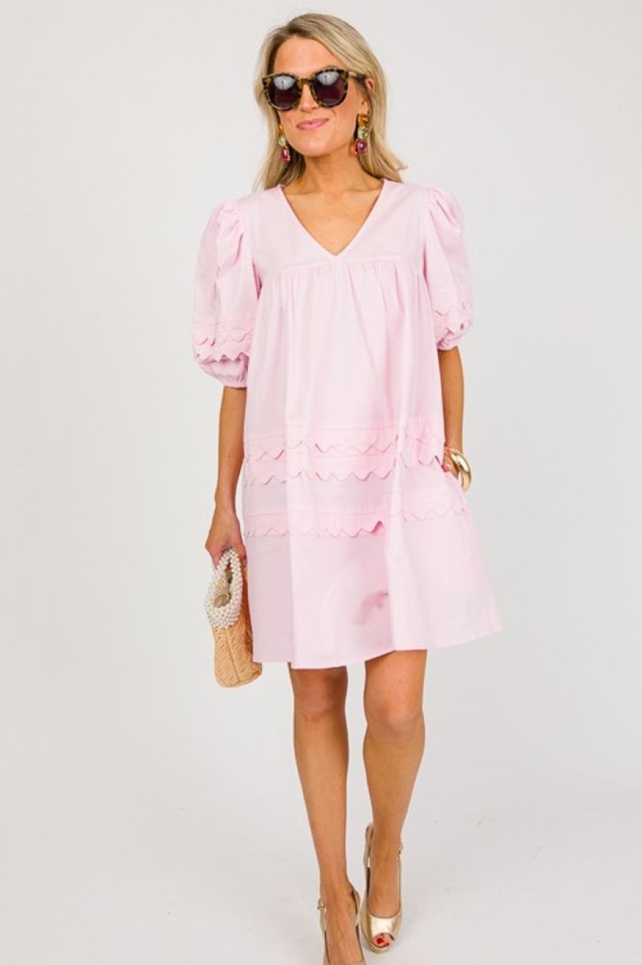 KARLIE Dresses W/ Sleeves | Scalloped Poplin Dress, Baby Pink