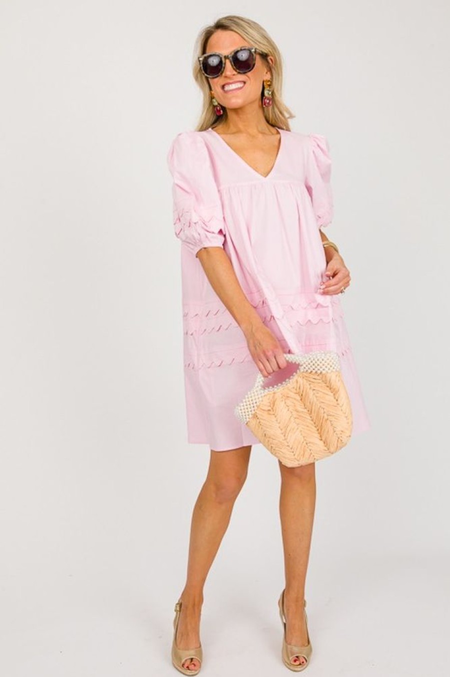 KARLIE Dresses W/ Sleeves | Scalloped Poplin Dress, Baby Pink