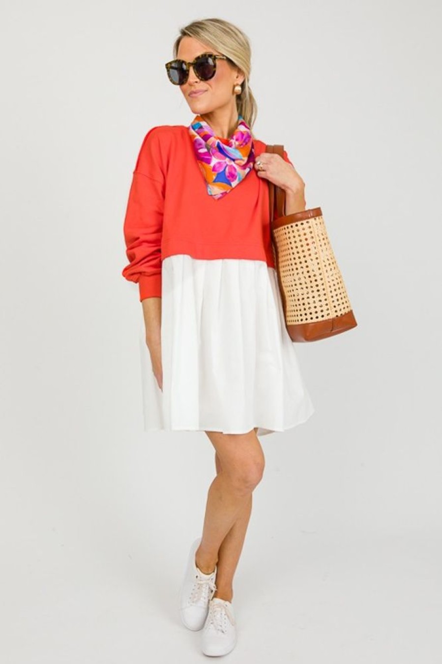 In The Beginning Dresses W/ Sleeves | French Terry Contrast Dress, Tomato