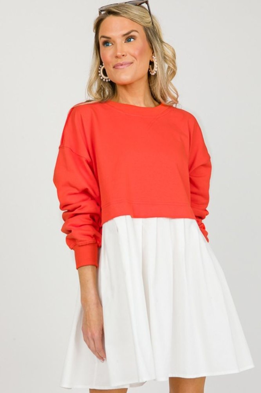 In The Beginning Dresses W/ Sleeves | French Terry Contrast Dress, Tomato