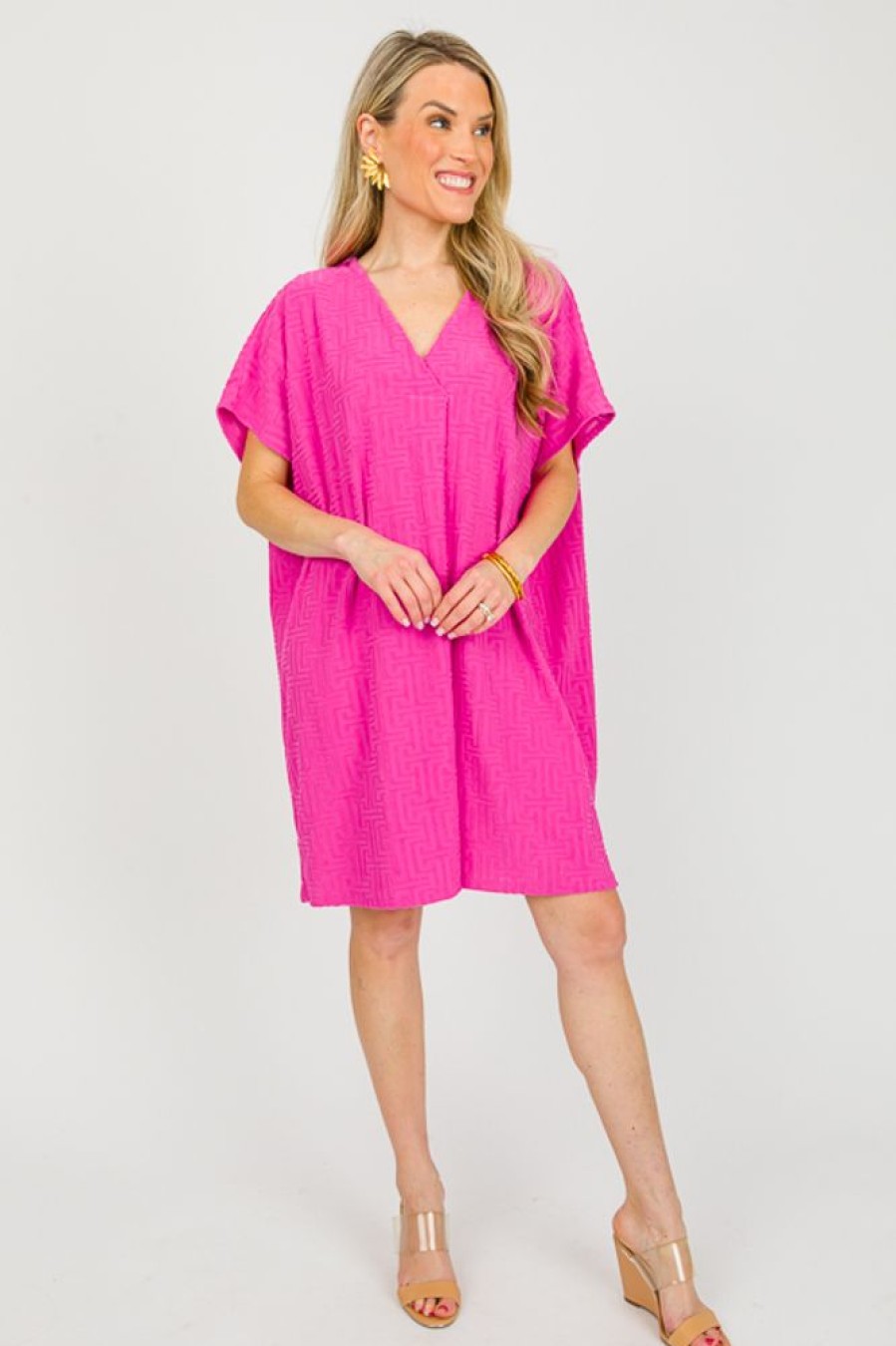 Entro Dresses W/ Sleeves | Greek Key Texture Dress, Fuchsia