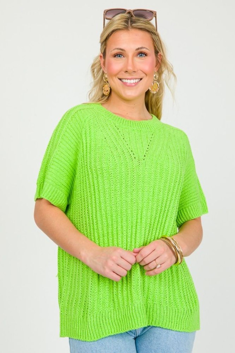 Bibi Short Sleeve & Sleeveless | Mona Short Sleeve Sweater, Neon Green