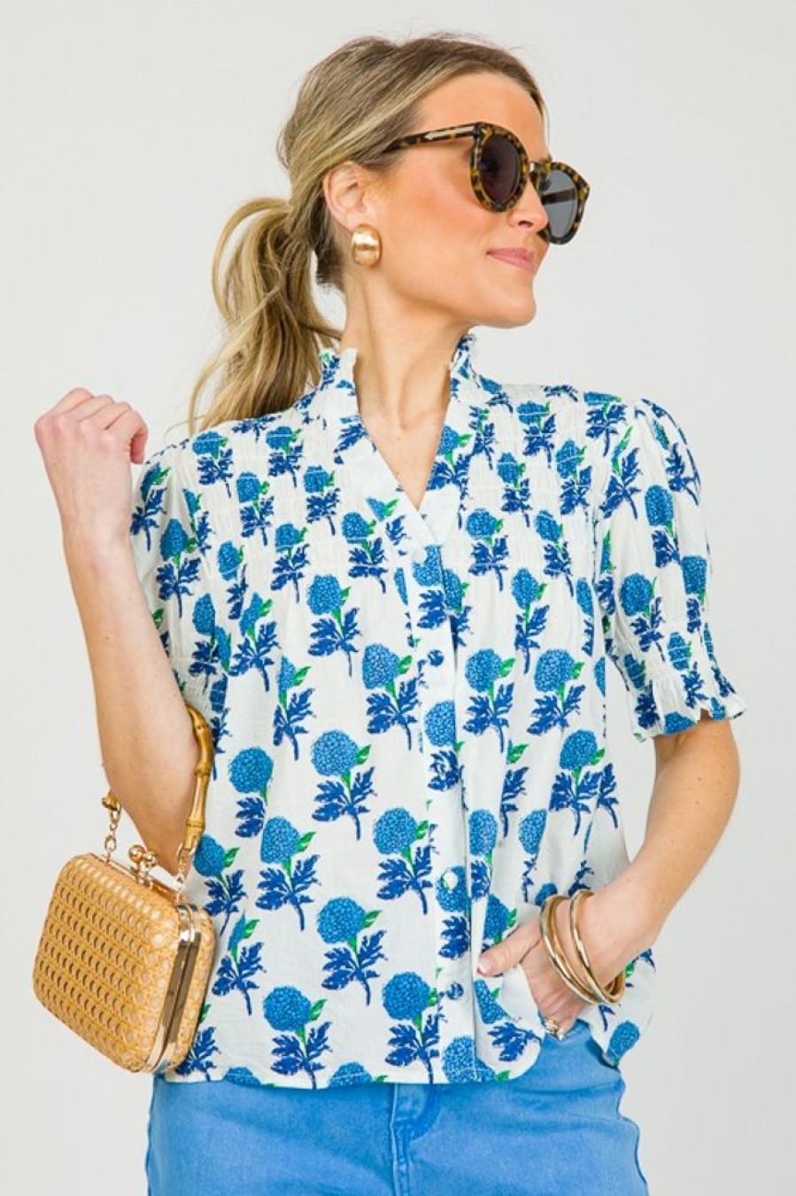 Thml Short Sleeve & Sleeveless | Blue Hydrangea Button Top