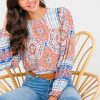 Fate 3/4 & Long Sleeve | Border Print Boho Top, Blue