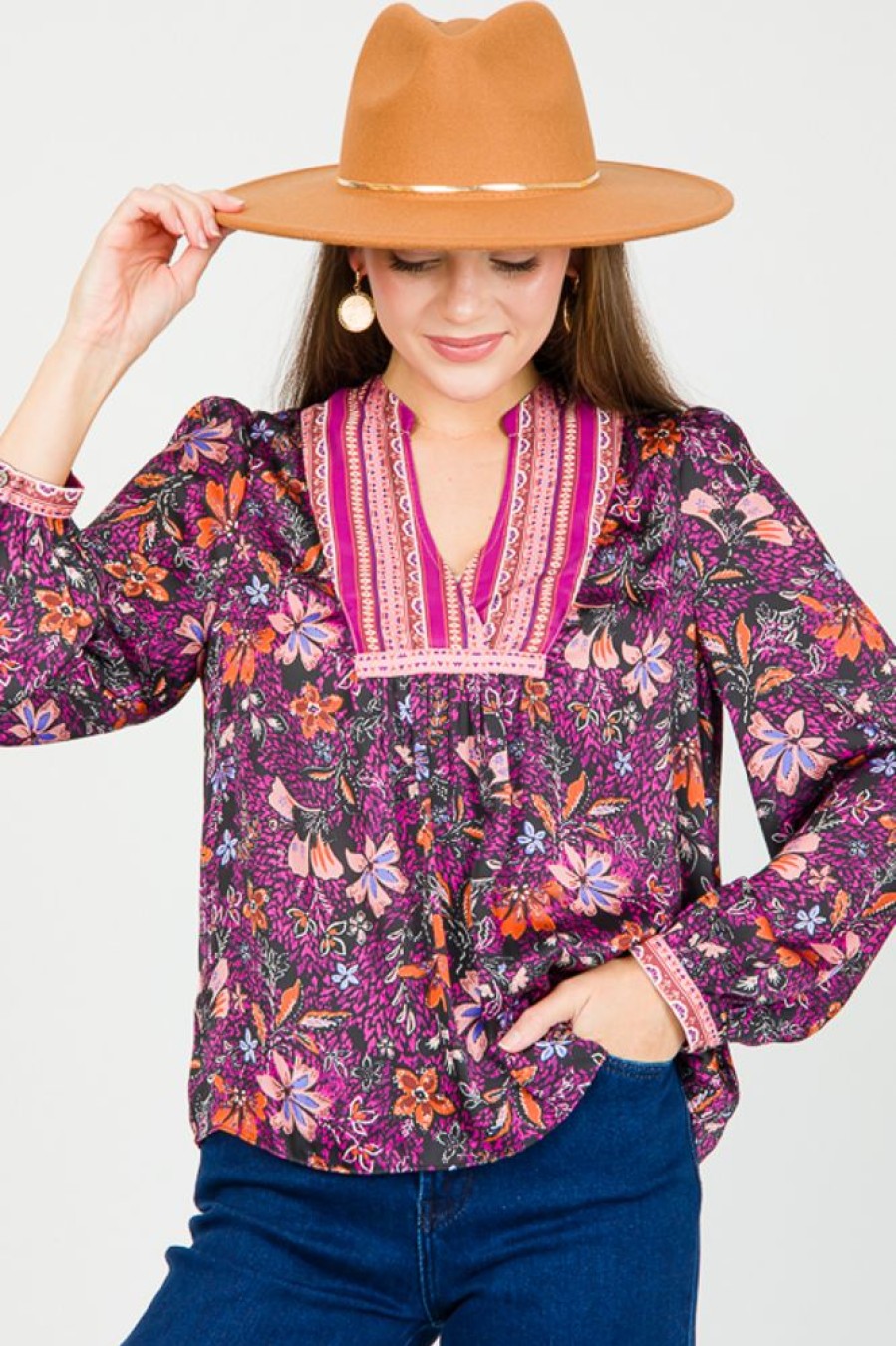 Current Air 3/4 & Long Sleeve | Amethyst Floral Blouse, Black Multi