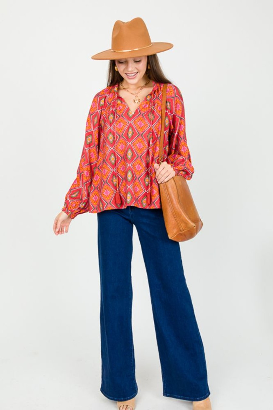 Oddi 3/4 & Long Sleeve | Carly Print Blouse, Brick