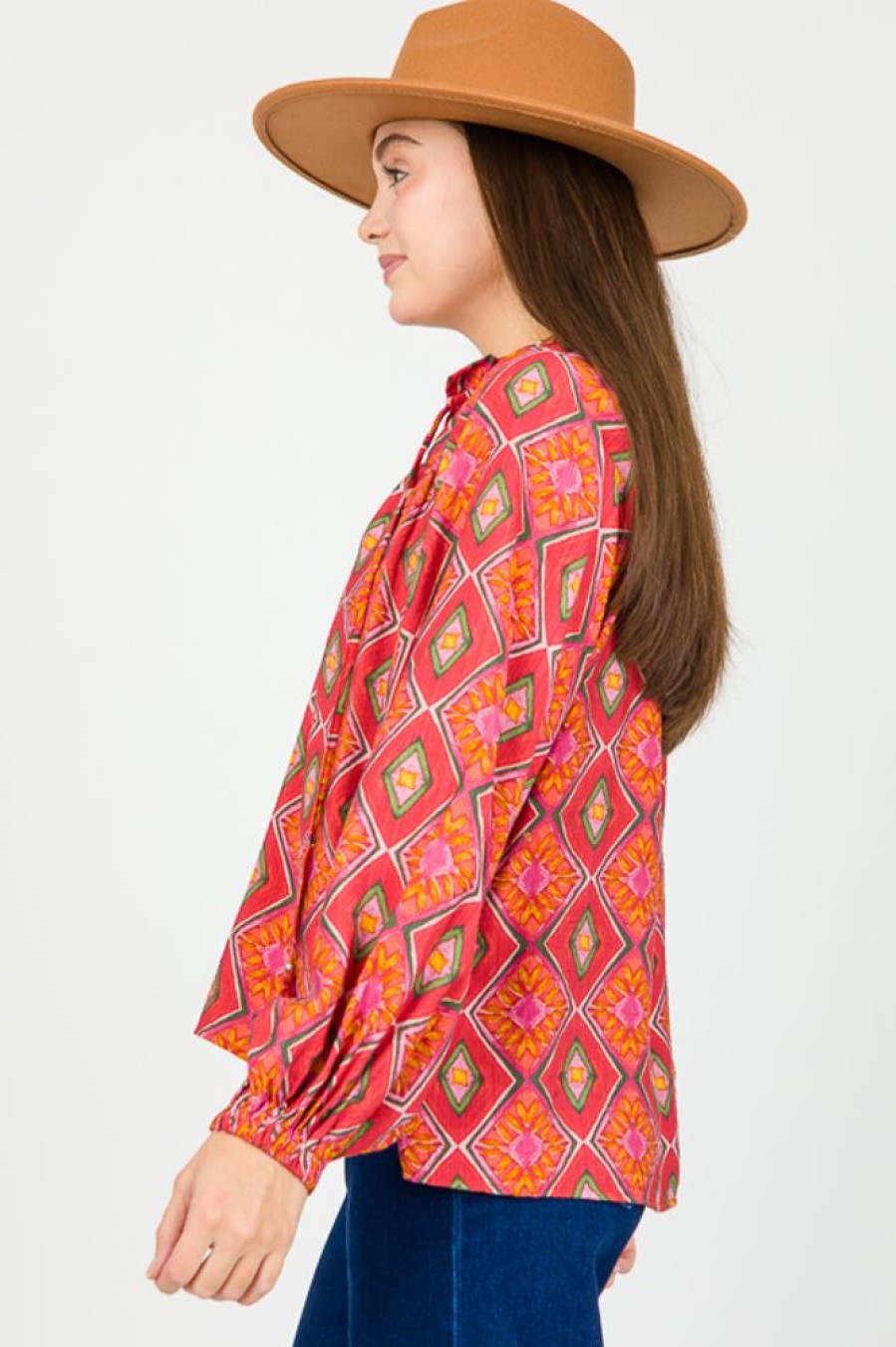 Oddi 3/4 & Long Sleeve | Carly Print Blouse, Brick