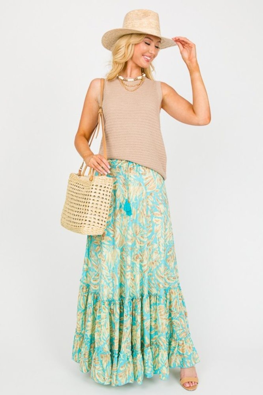 Fashion Fuse Skirts | Foil Palm Maxi Skirt, Turquoise