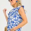 Pretty Follies Short Sleeve & Sleeveless | Blue Floral Linen Top