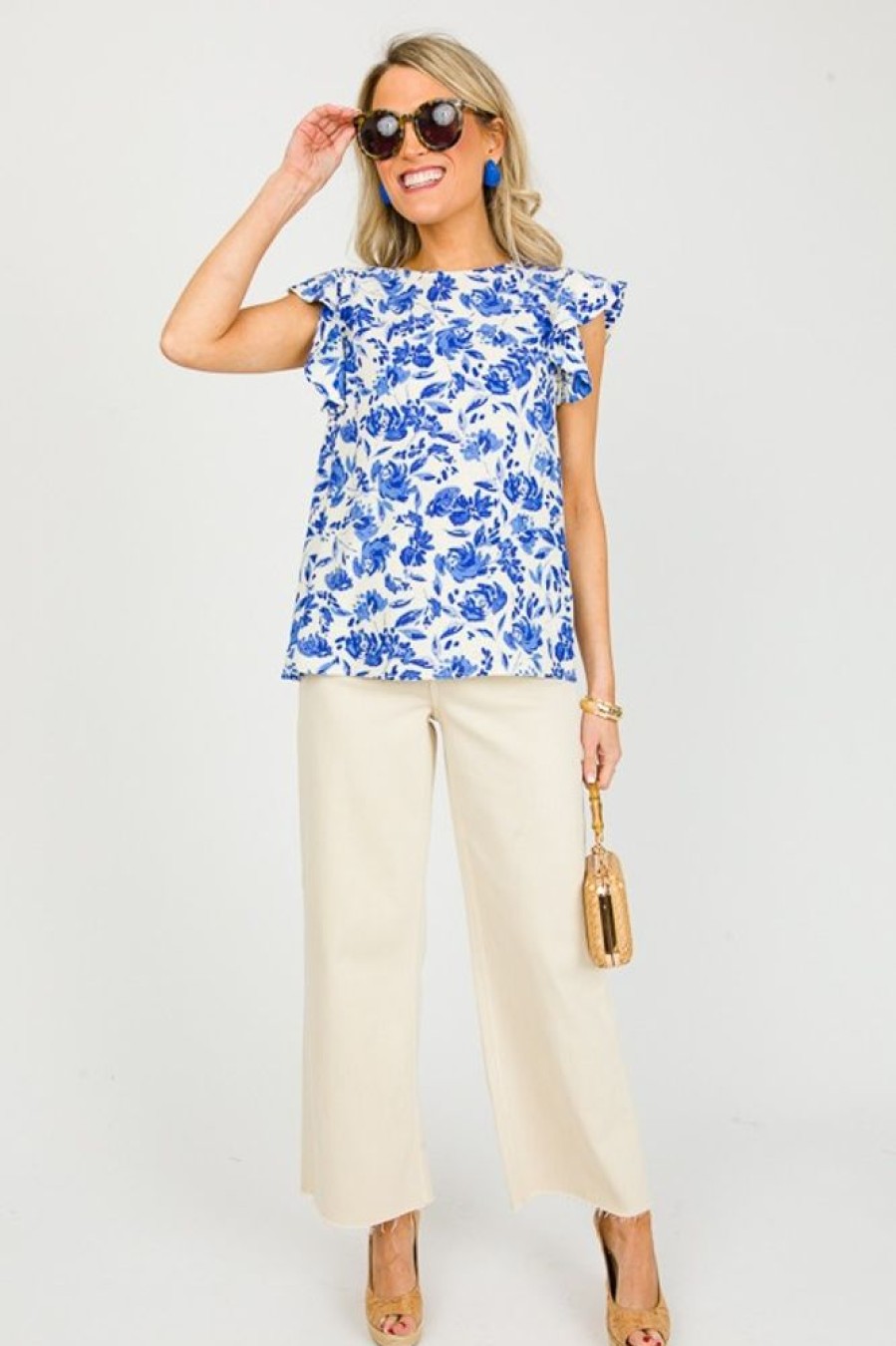 Pretty Follies Short Sleeve & Sleeveless | Blue Floral Linen Top