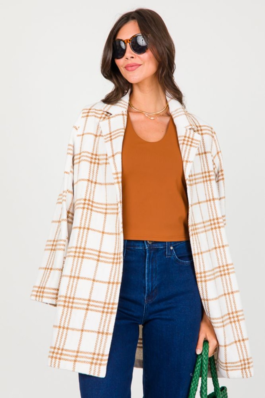 Timing Jackets / Coats / Vests / Blazers | Plaid Belted Jacket, White/Camel