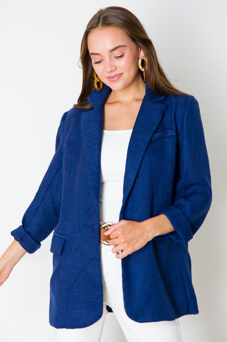 She + Sky Jackets / Coats / Vests / Blazers | Tweed Single Button Jacket, Navy