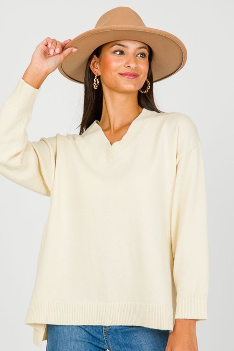 Jodifl 3/4 & Long Sleeve | Pierce V-Neck Sweater, Ivory