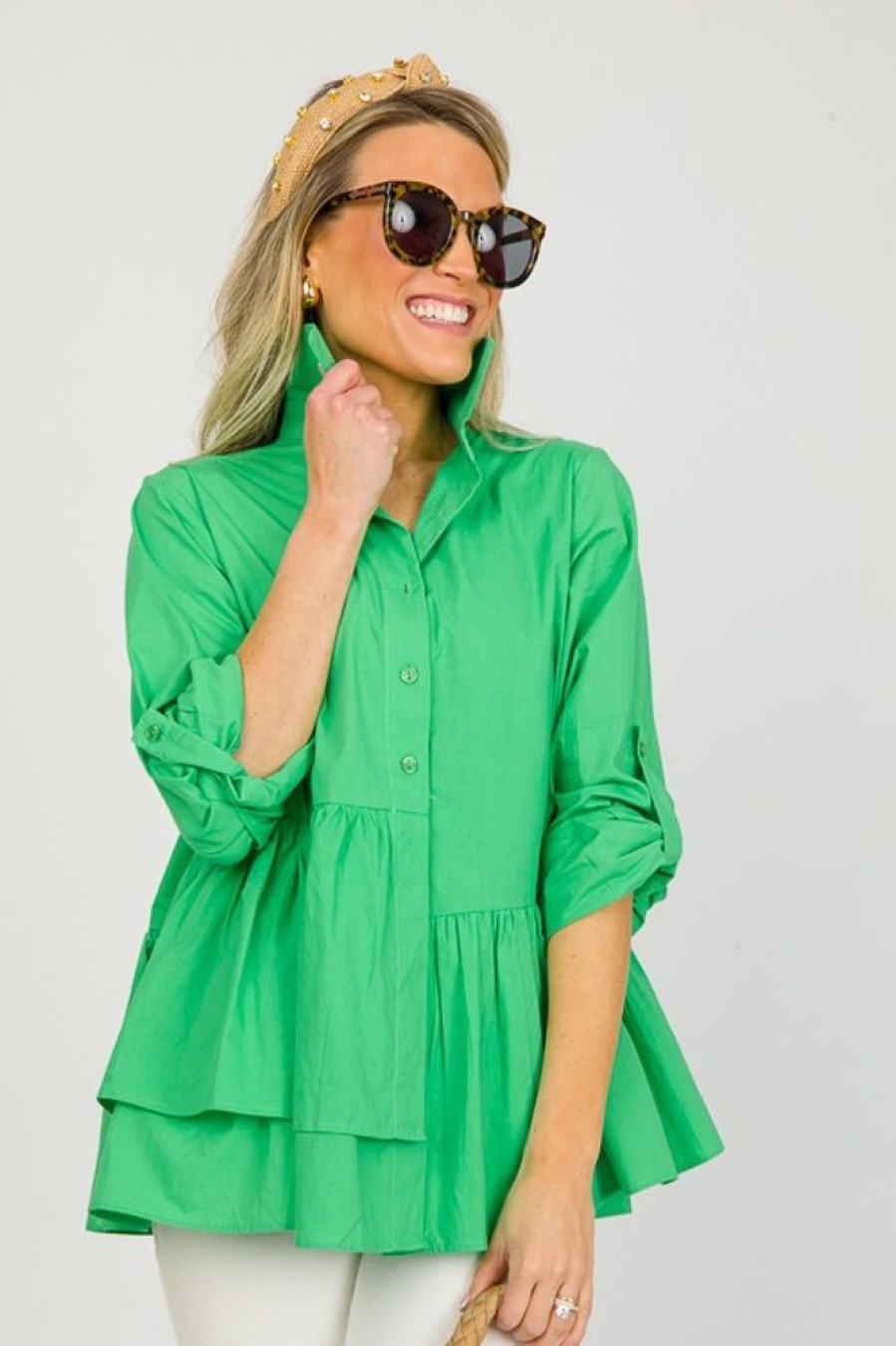 First Love 3/4 & Long Sleeve | Ruffle Hem Button Up, Green