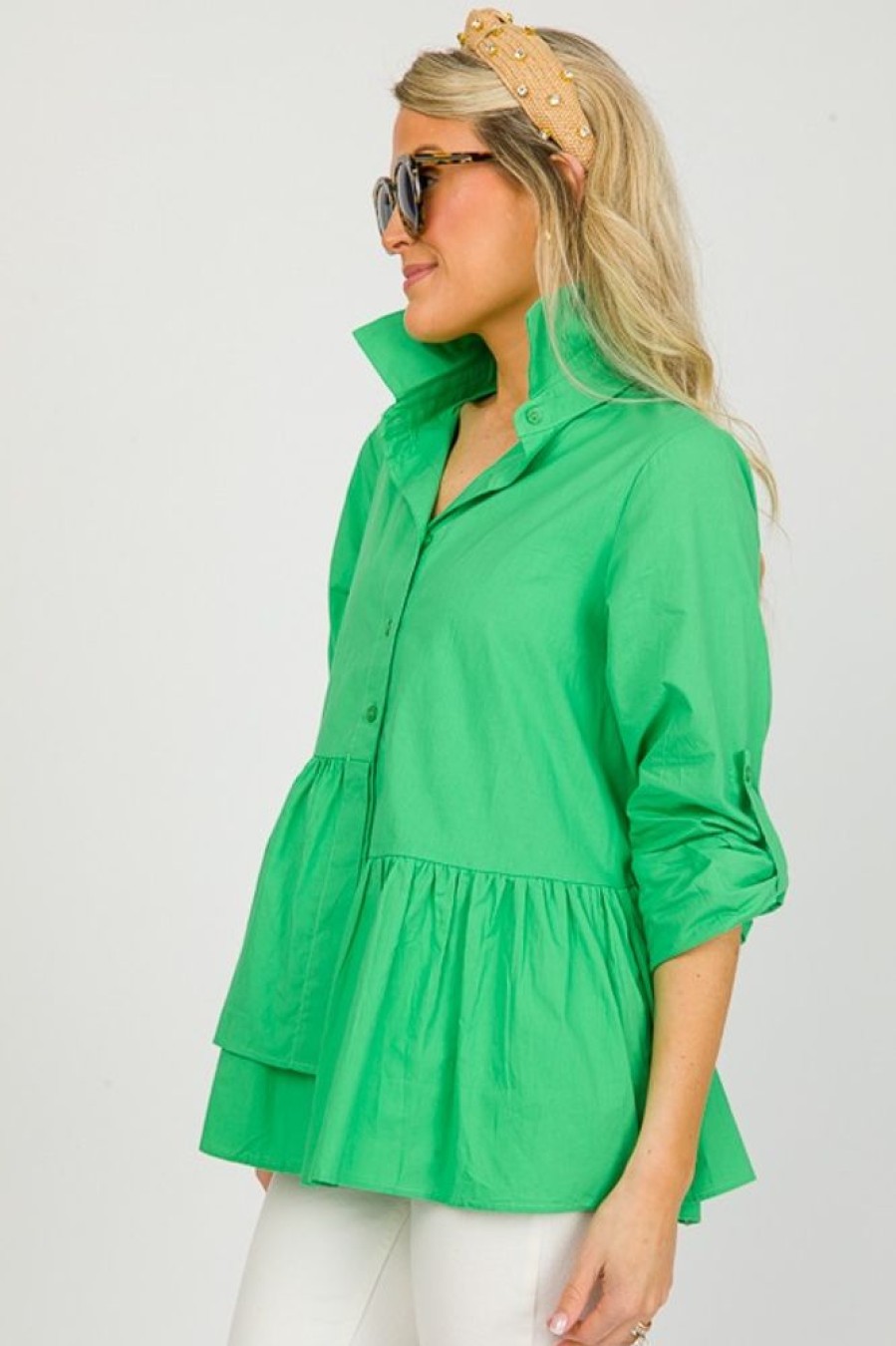 First Love 3/4 & Long Sleeve | Ruffle Hem Button Up, Green