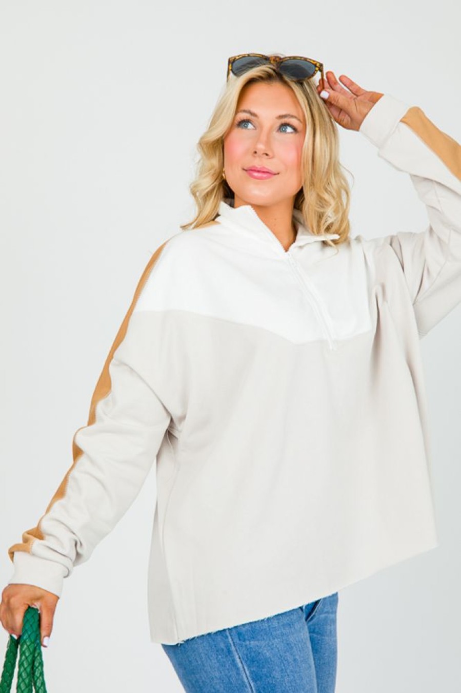 Easel 3/4 & Long Sleeve | Colorblock Half Zip, Ecru