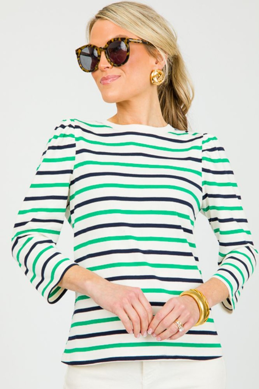 Skies Are Blue 3/4 & Long Sleeve | Talia Stripe Top, Green/Navy