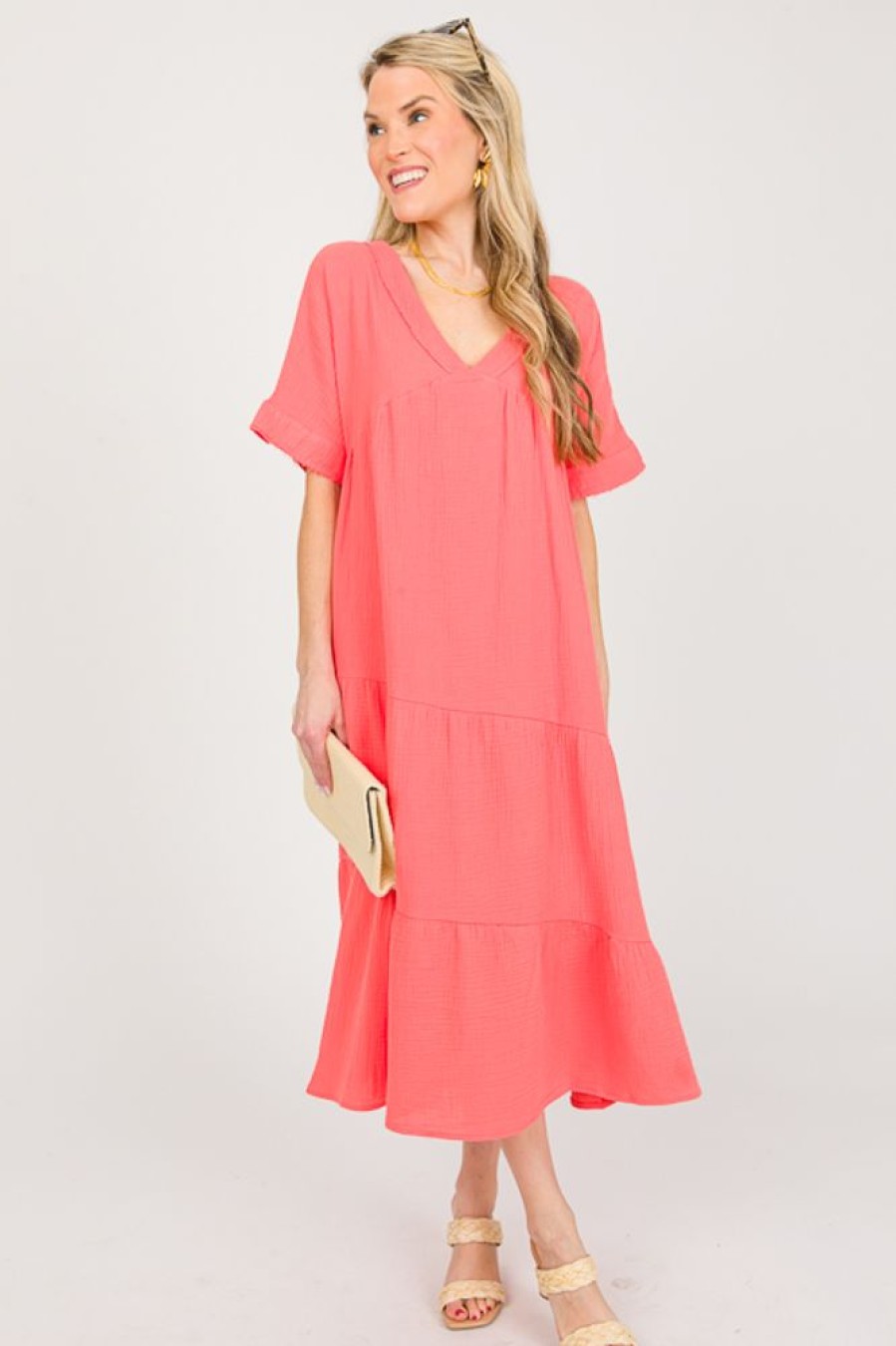 Very J Maxi & Midi | Asymmetric Tier Gauze Midi, Apricot