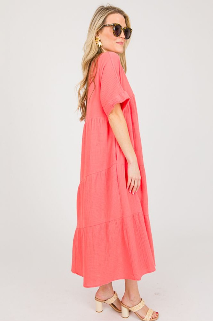 Very J Maxi & Midi | Asymmetric Tier Gauze Midi, Apricot