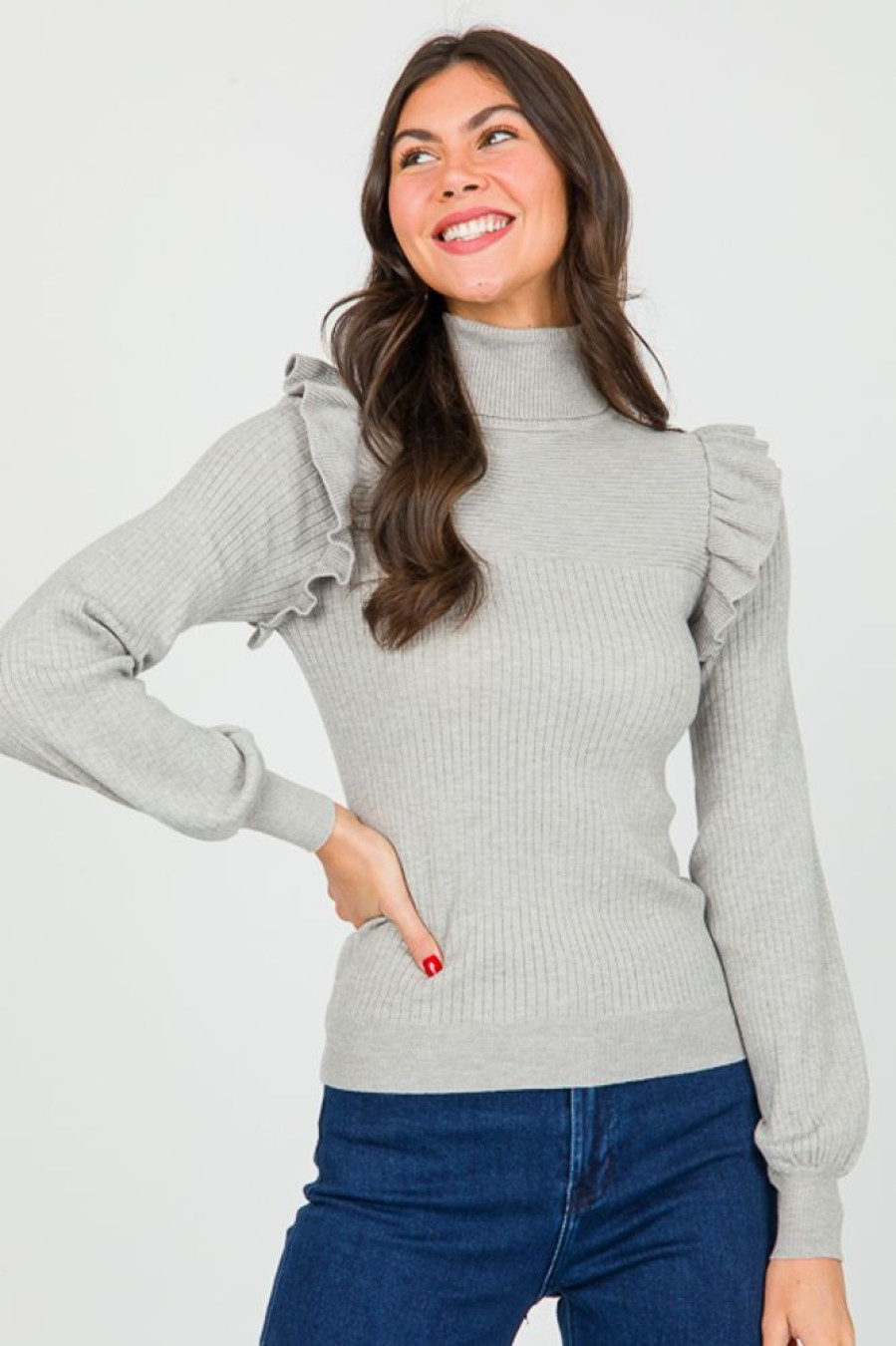 &merci 3/4 & Long Sleeve | Ruffle Rib Turtleneck, H. Grey