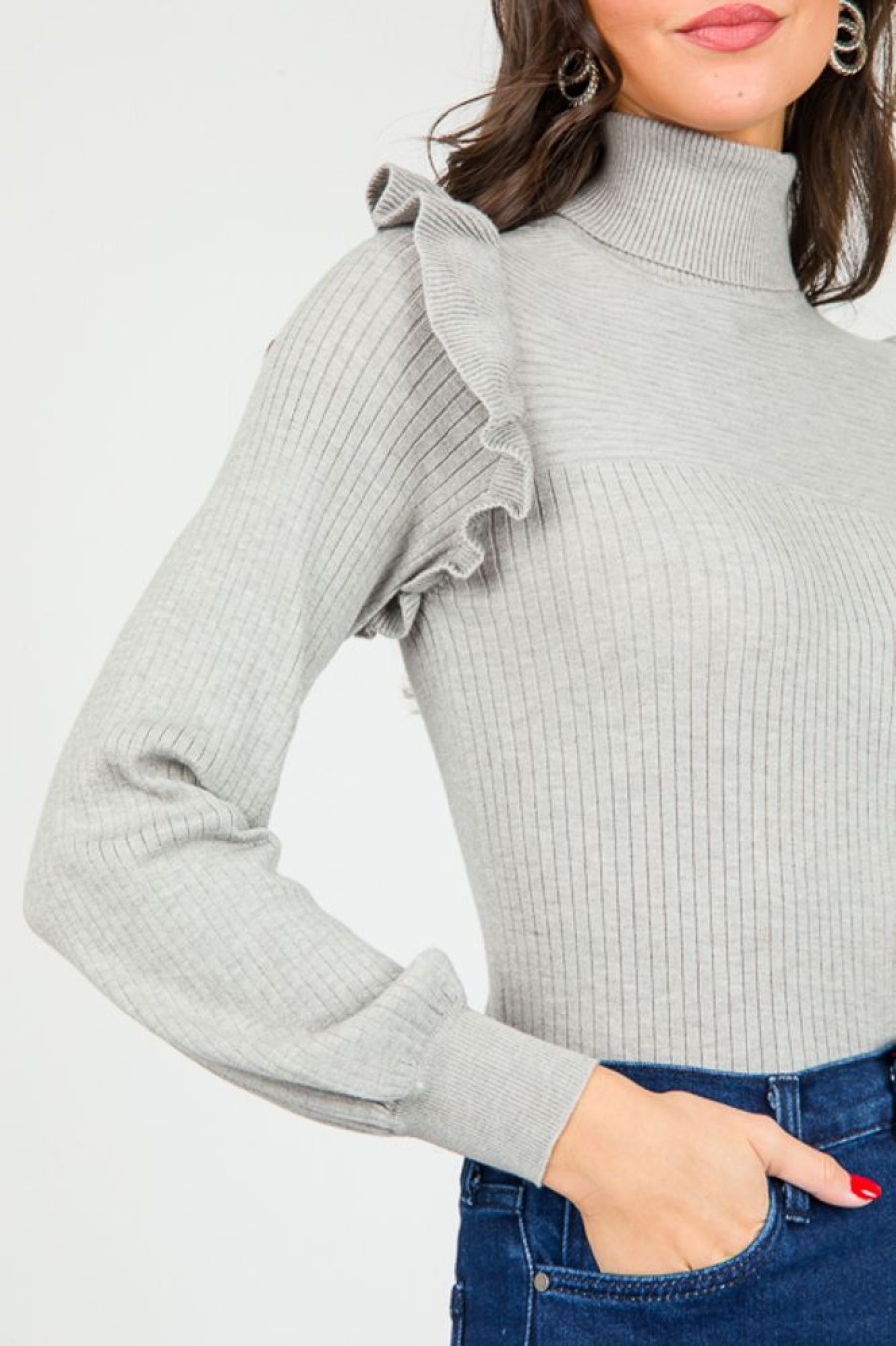 &merci 3/4 & Long Sleeve | Ruffle Rib Turtleneck, H. Grey