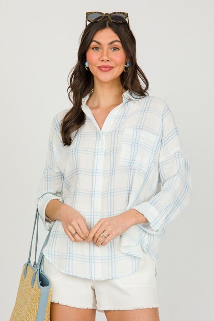 Blu Pepper 3/4 & Long Sleeve | Grid Gauze Button Up, Blue